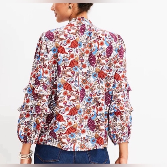Loft Peacock Floral Print White Ruffle Long Sleeve Blouse Top Petite - Picture 7 of 17